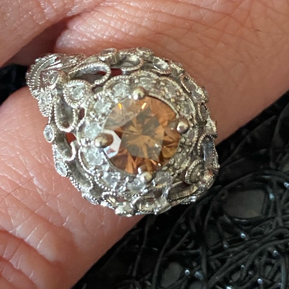 18K White Gold Orange-Brown Diamond Filigree Engagement Ring - Picture 3 of 6